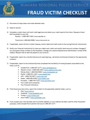 Screenshot of Fraud Victim Checklist
