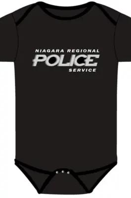 black infant onesie with police wordmark