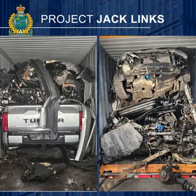 Two images of the inside of shipping containers. Image on the left has a truck, image in the right is vehicle parts