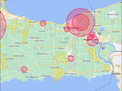 A map showing the no fly zones in Niagara